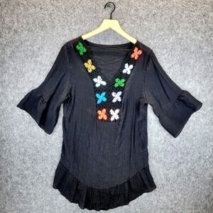 Shein Swim Cover Women's S Black Crochet Granny Square Grannycore Boho Beach